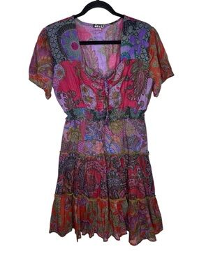 Jayli Patchwork Mini Dress Vibrant Bohemian Cotton Short Sleeve Size XL